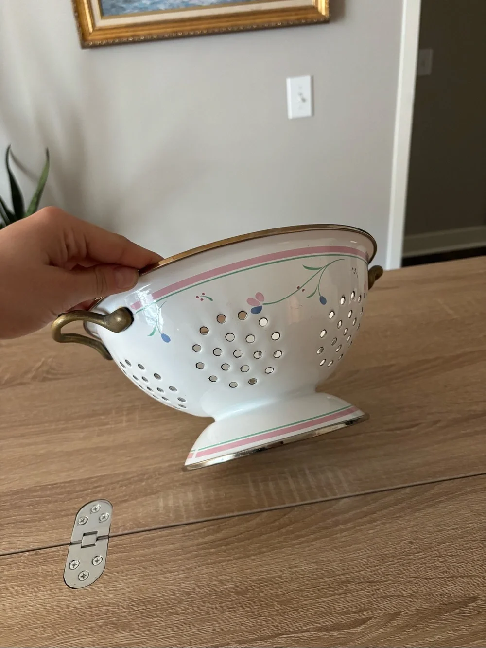 Vintage Decorative Colander with Pink & Green Floral Trim and Brass Handles
